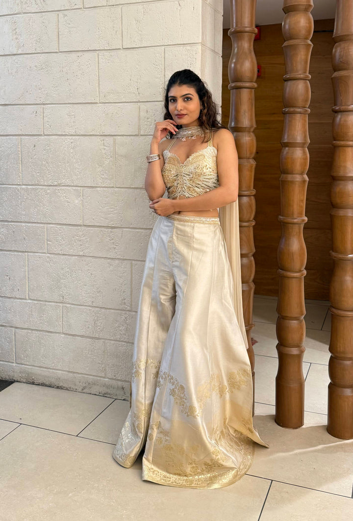 Ivory Gold Embroidered Corset Palazzo Set with Organza Cape Indo-Western Glam