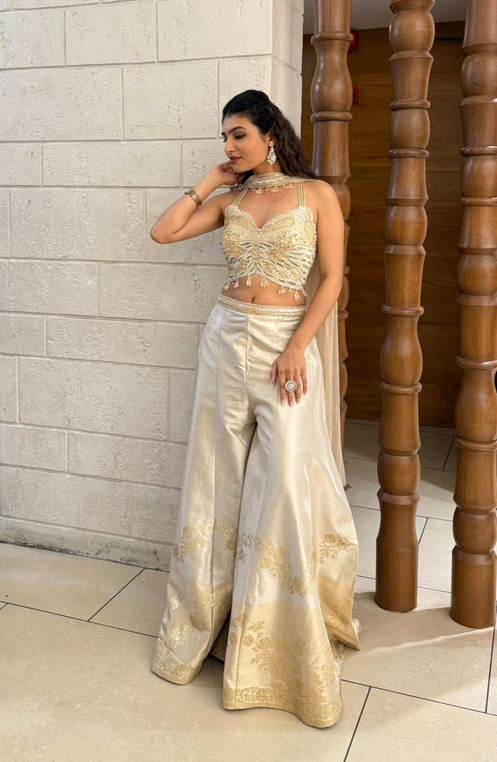 Ivory Gold Embroidered Corset Palazzo Set with Organza Cape Indo-Western Glam