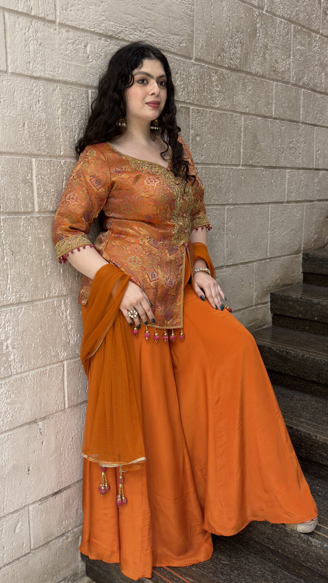 Rust Orange Printed Kurta with Solid Palazzo & Dupatta Set