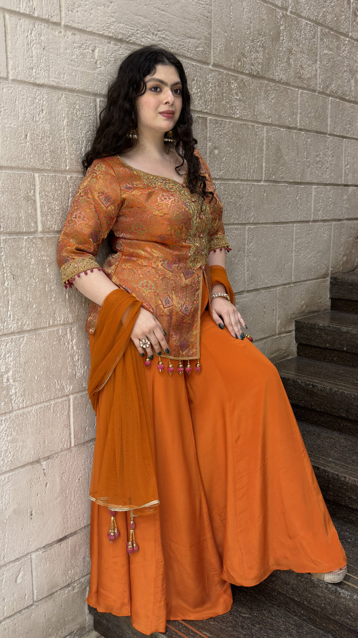 Rust Orange Printed Kurta with Solid Palazzo & Dupatta Set