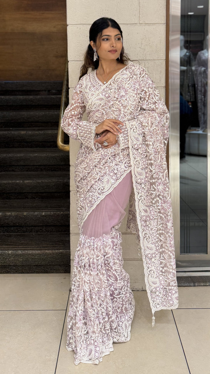 Traditional Soft Lavender Heavy Embroidered Designer Net Saree