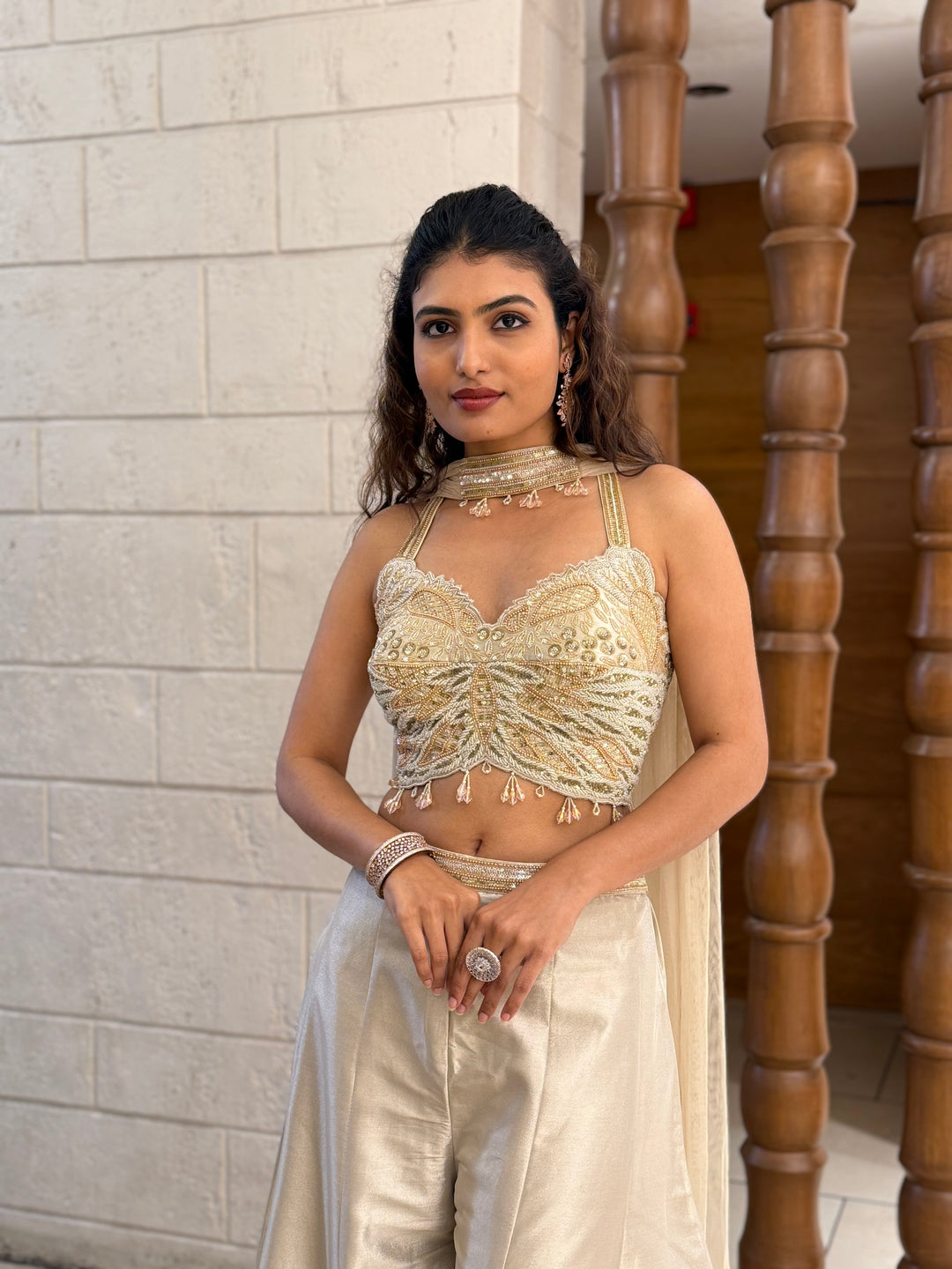 Ivory Gold Embroidered Corset Palazzo Set with Organza Cape Indo-Western Glam