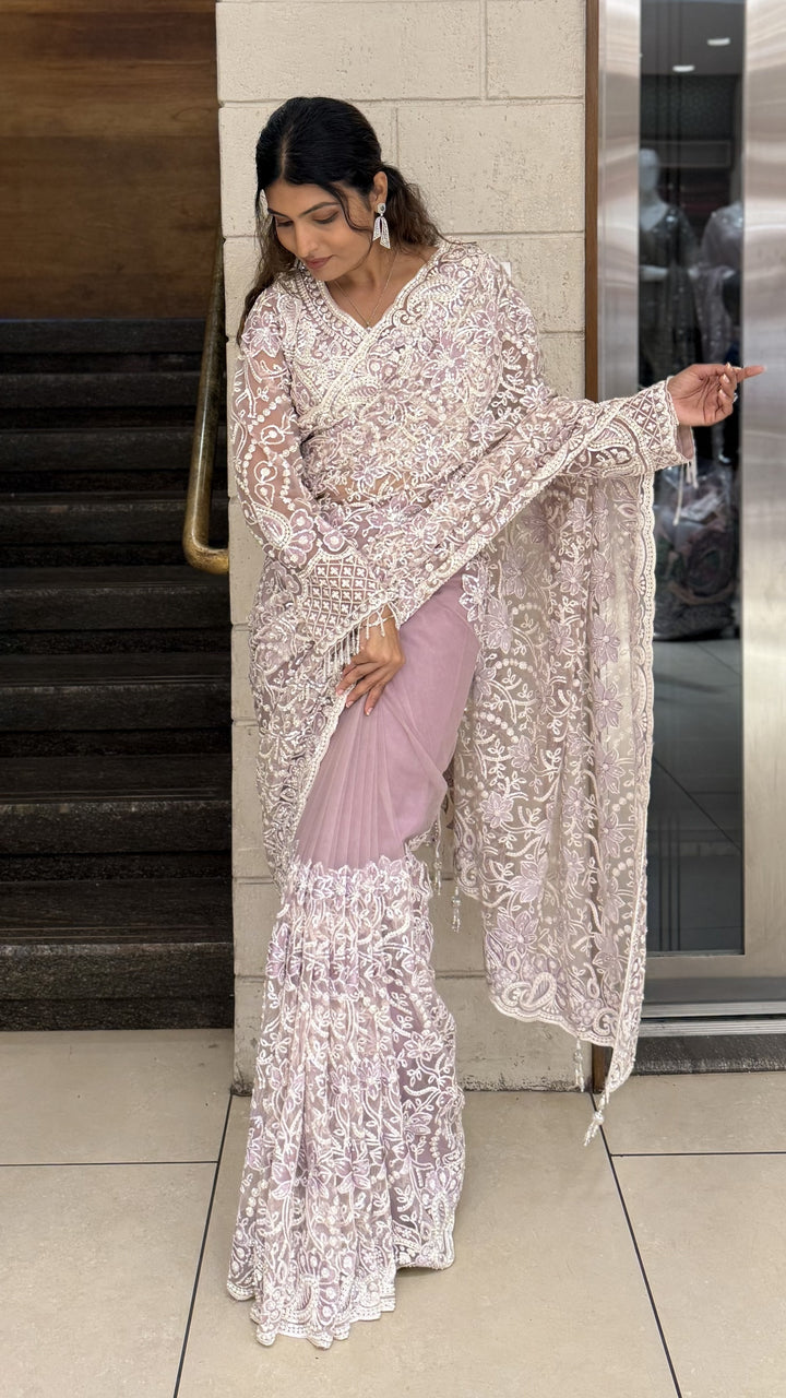 Traditional Soft Lavender Heavy Embroidered Designer Net Saree