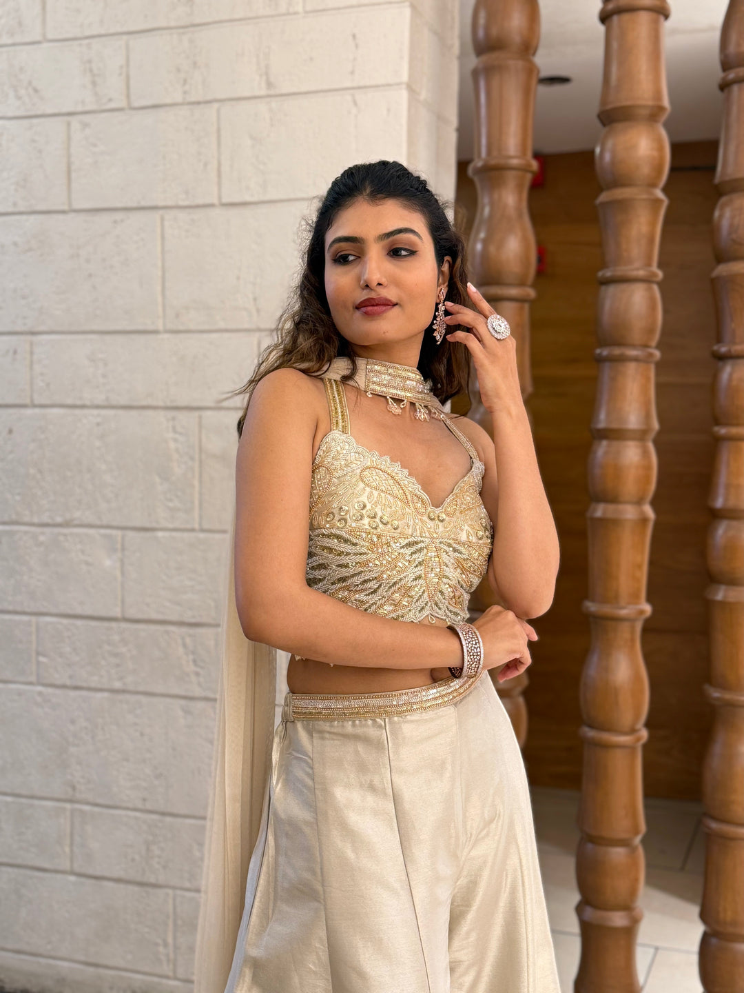 Ivory Gold Embroidered Corset Palazzo Set with Organza Cape Indo-Western Glam