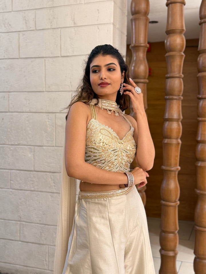 Ivory Gold Embroidered Corset Palazzo Set with Organza Cape Indo-Western Glam