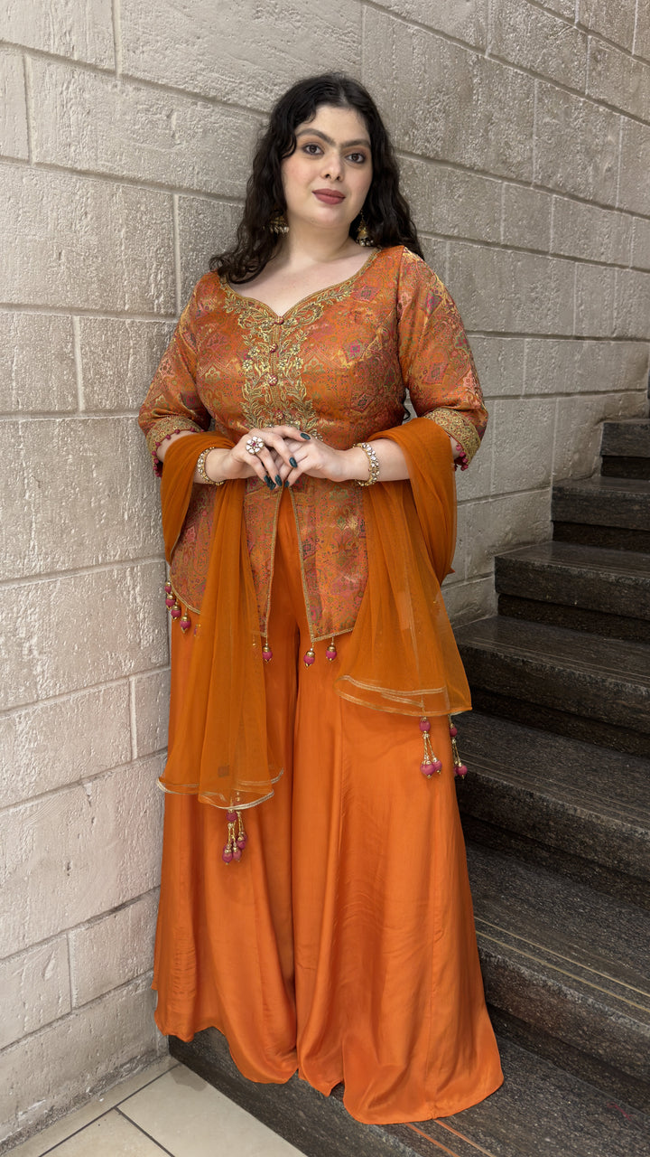 Rust Orange Printed Kurta with Solid Palazzo & Dupatta Set