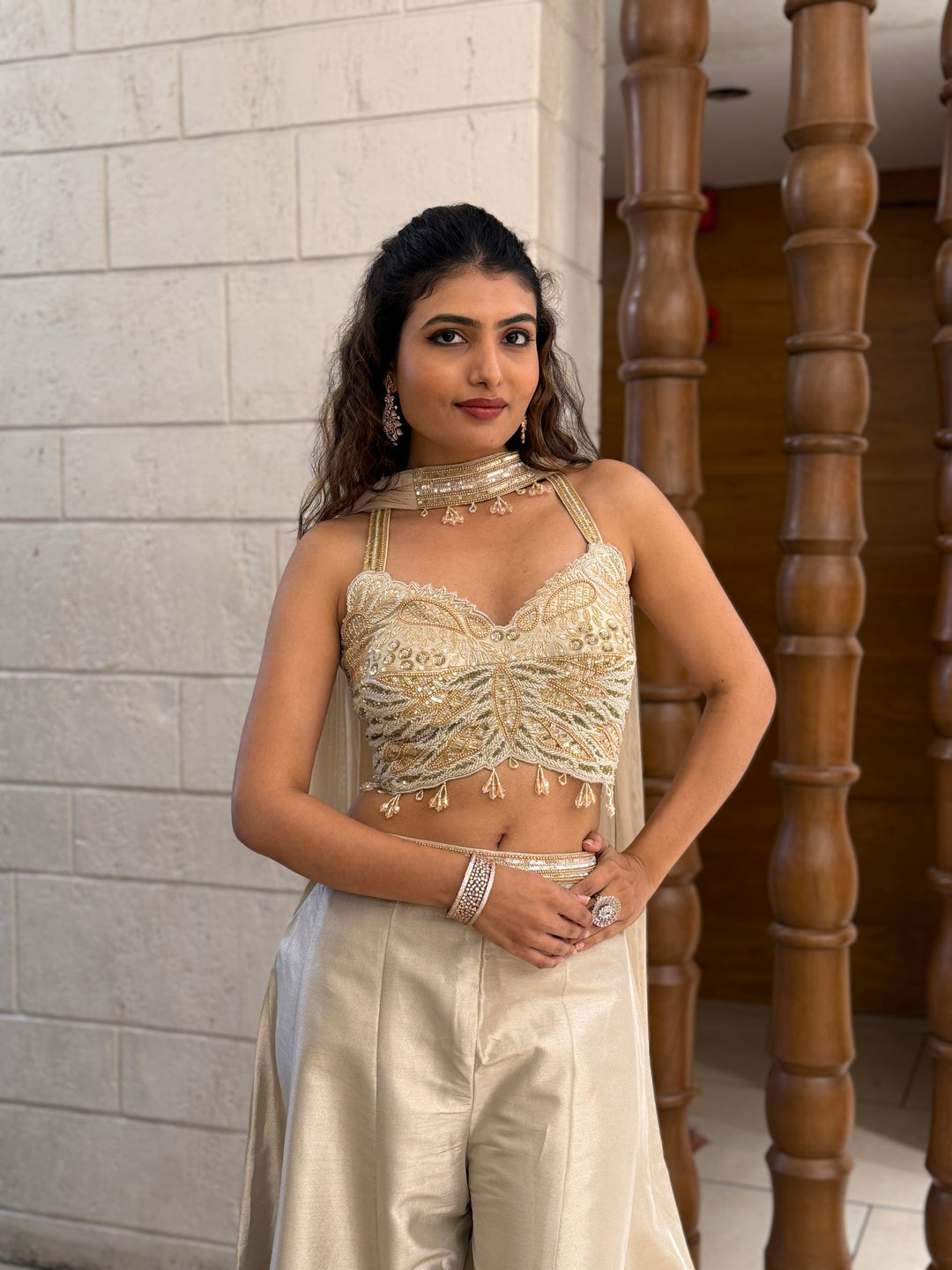 Ivory Gold Embroidered Corset Palazzo Set with Organza Cape Indo-Western Glam