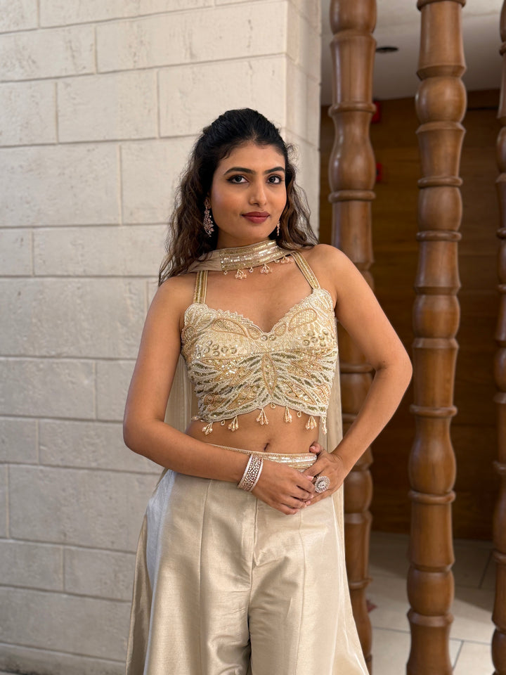 Ivory Gold Embroidered Corset Palazzo Set with Organza Cape Indo-Western Glam