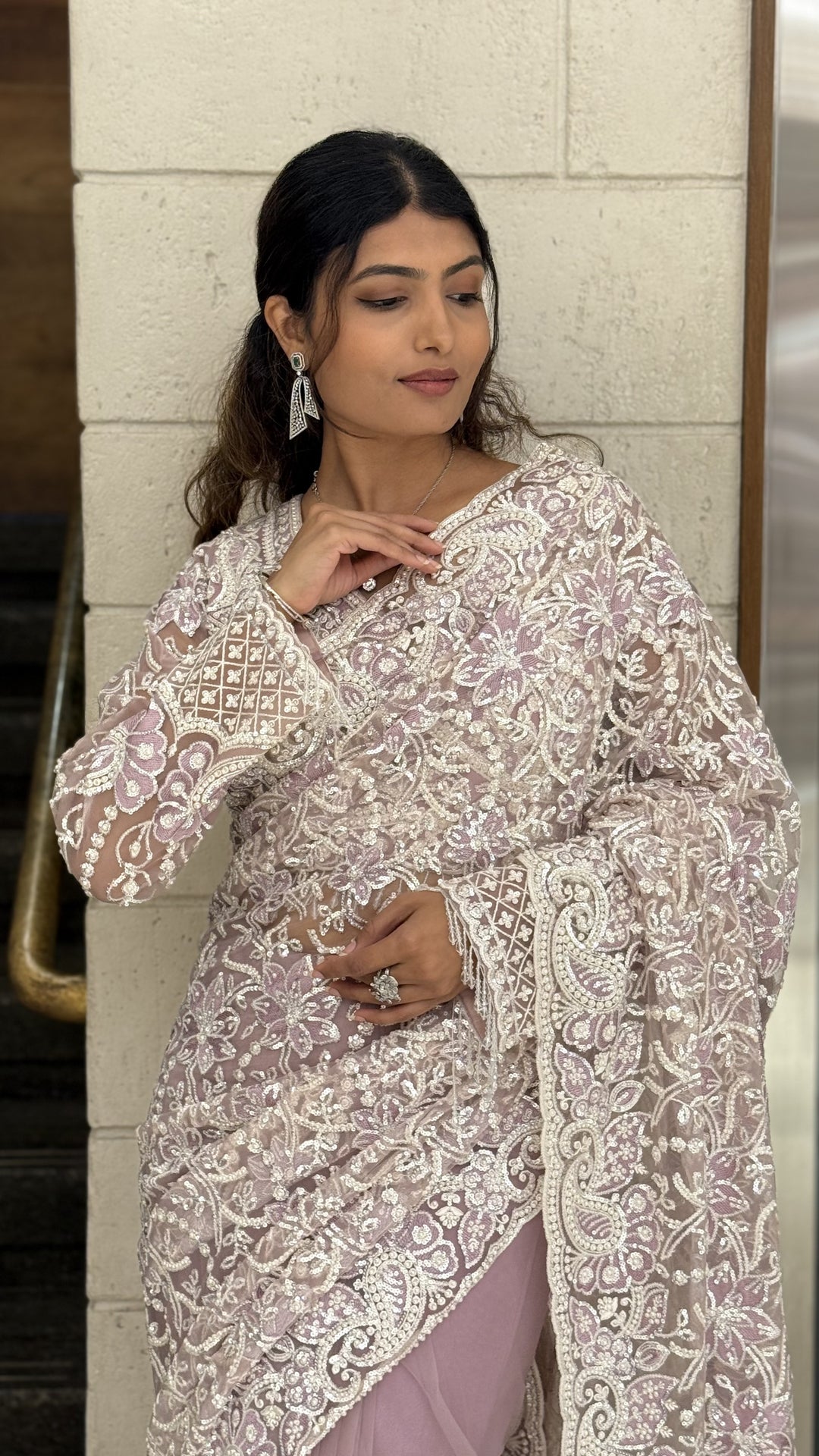 Traditional Soft Lavender Heavy Embroidered Designer Net Saree