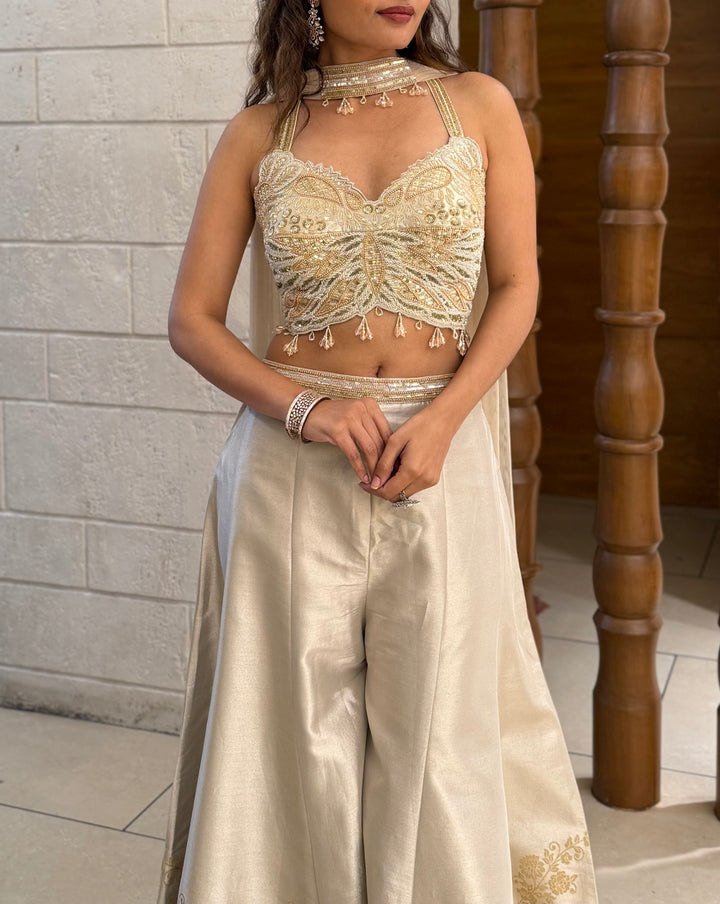 Ivory Gold Embroidered Corset Palazzo Set with Organza Cape Indo-Western Glam