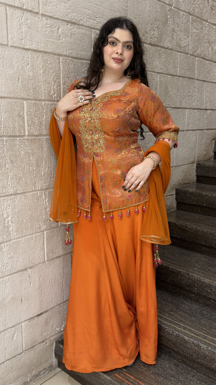 Rust Orange Printed Kurta with Solid Palazzo & Dupatta Set
