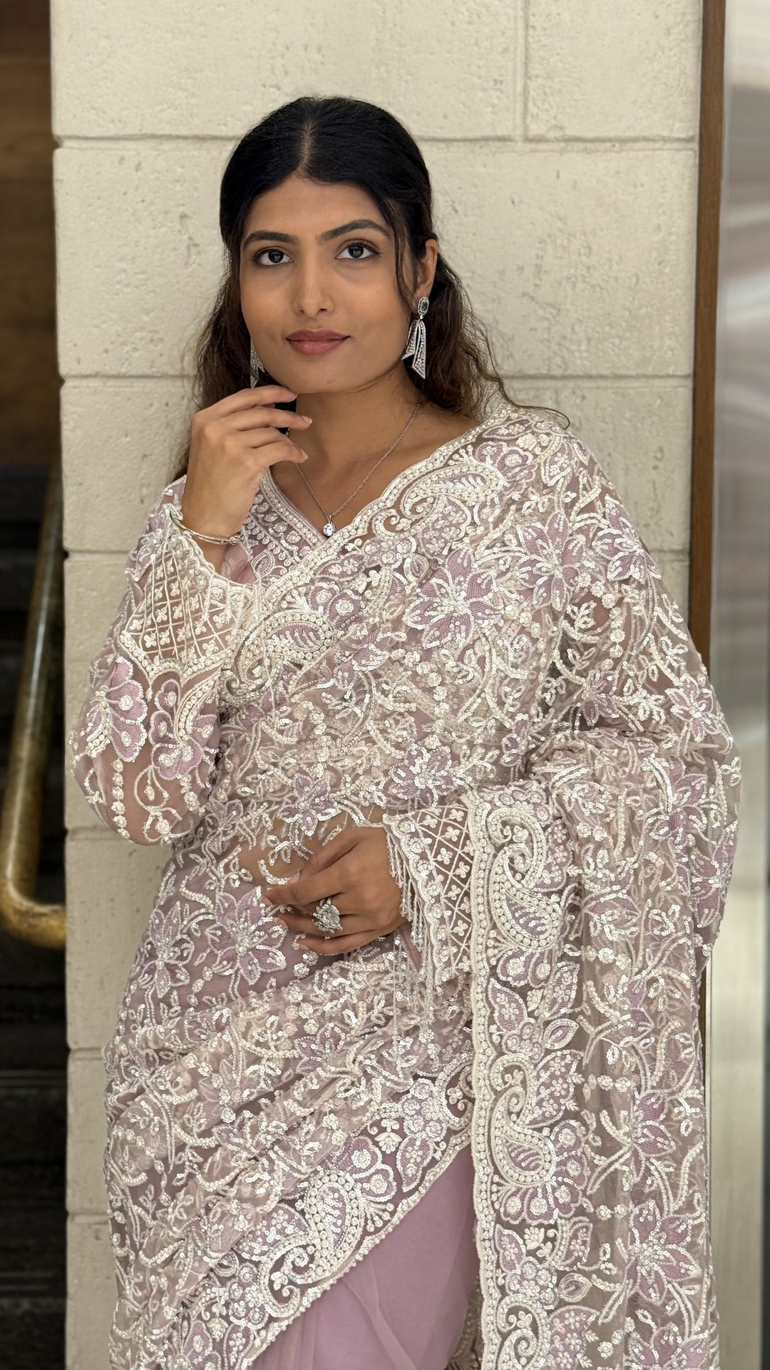 Traditional Soft Lavender Heavy Embroidered Designer Net Saree