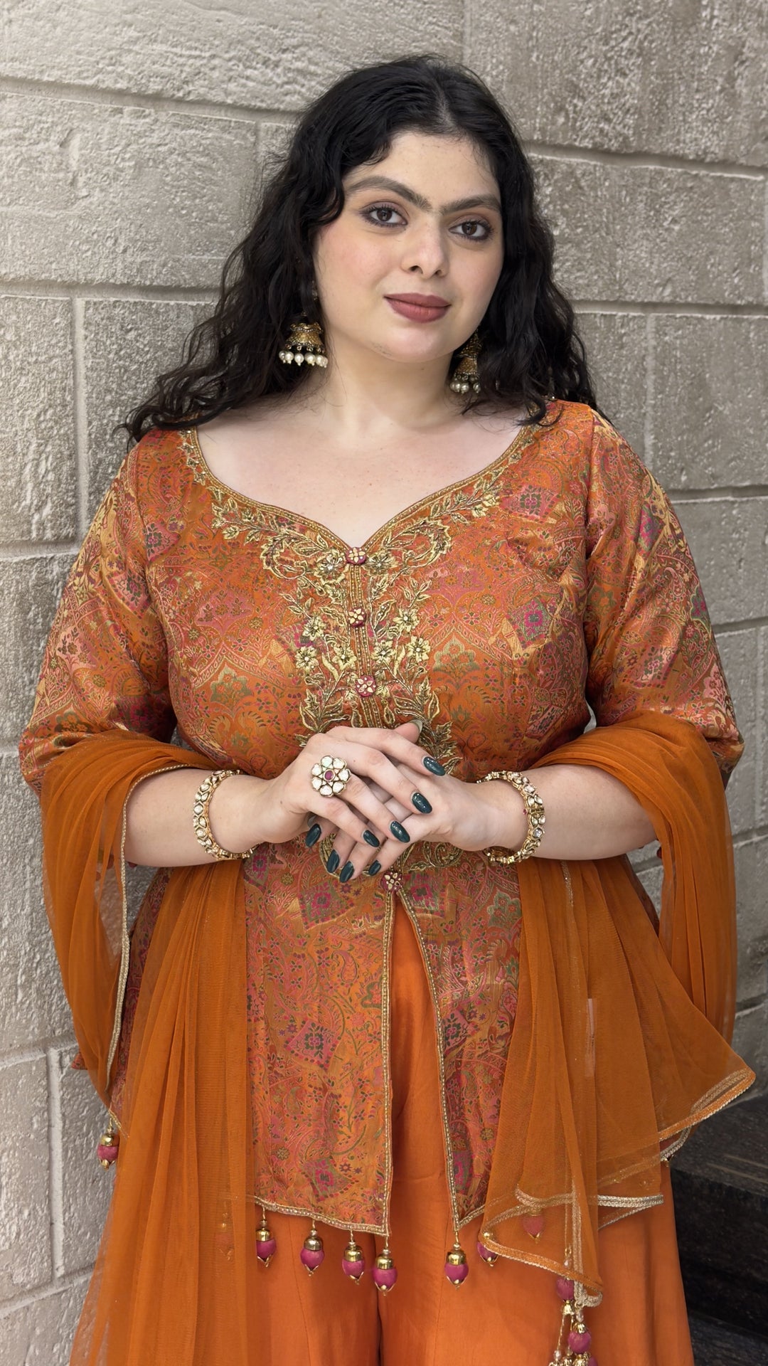 Rust Orange Printed Kurta with Solid Palazzo & Dupatta Set