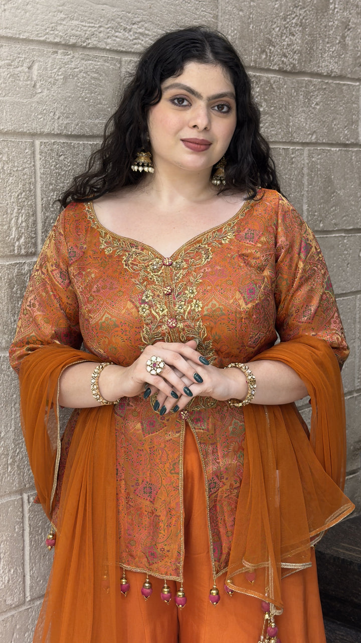 Rust Orange Printed Kurta with Solid Palazzo & Dupatta Set