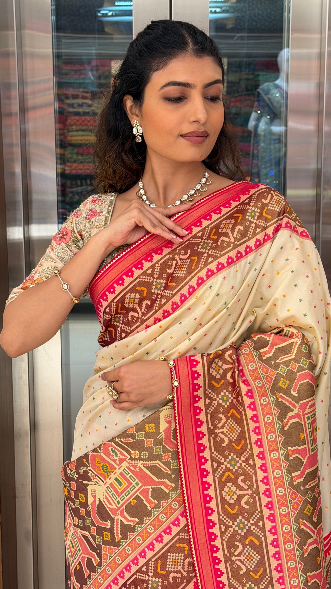 Ivory Patola Print Saree with Designer Floral Blouse