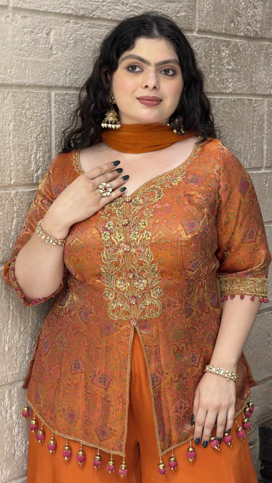 Rust Orange Printed Kurta with Solid Palazzo & Dupatta Set