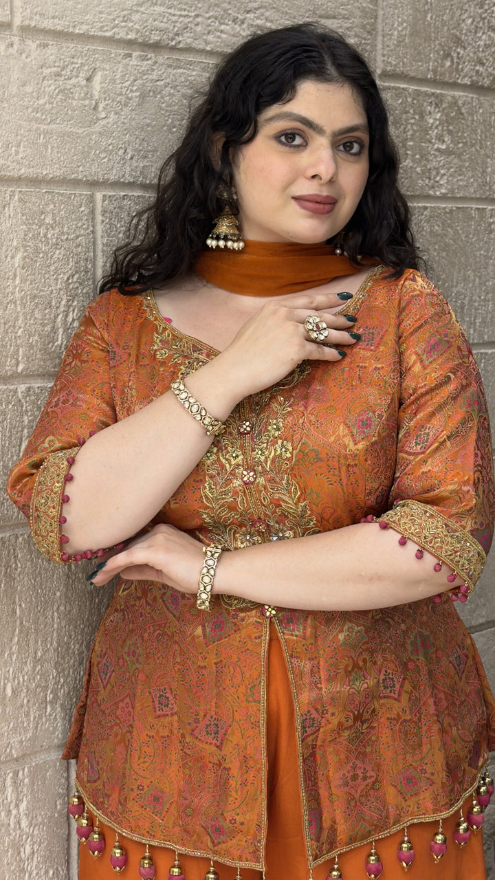Rust Orange Printed Kurta with Solid Palazzo & Dupatta Set