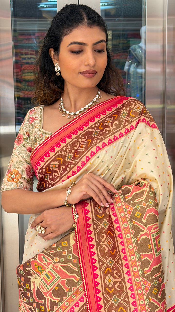 Ivory Patola Print Saree with Designer Floral Blouse