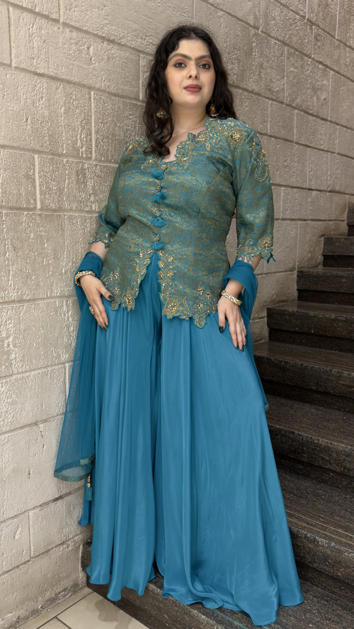 Teal Blue Embroidered Peplum Kurta with Palazzo & Dupatta Set