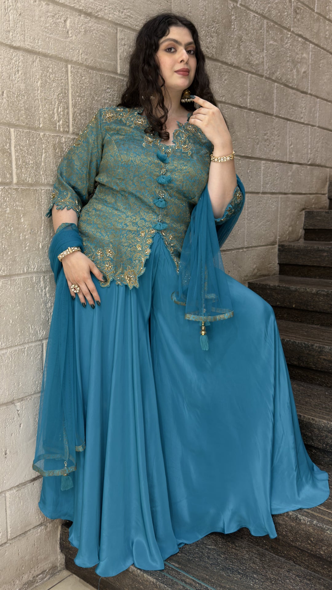 Teal Blue Embroidered Peplum Kurta with Palazzo & Dupatta Set