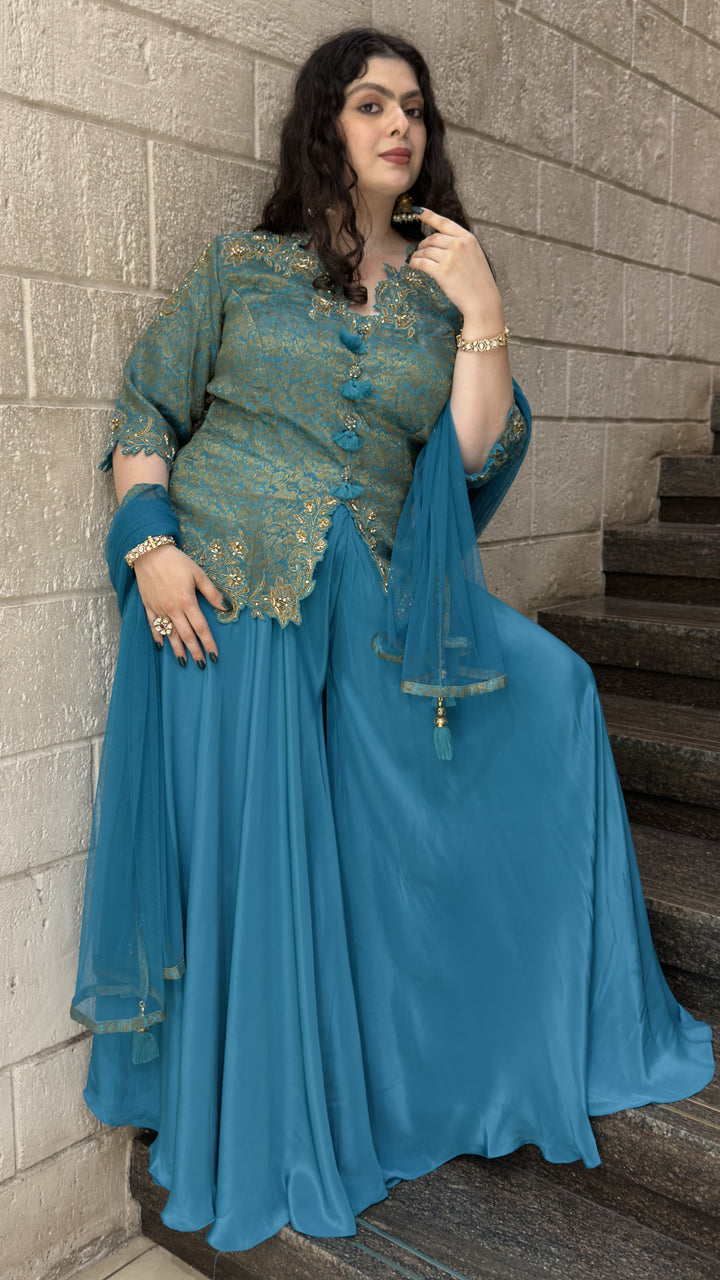 Teal Blue Embroidered Peplum Kurta with Palazzo & Dupatta Set
