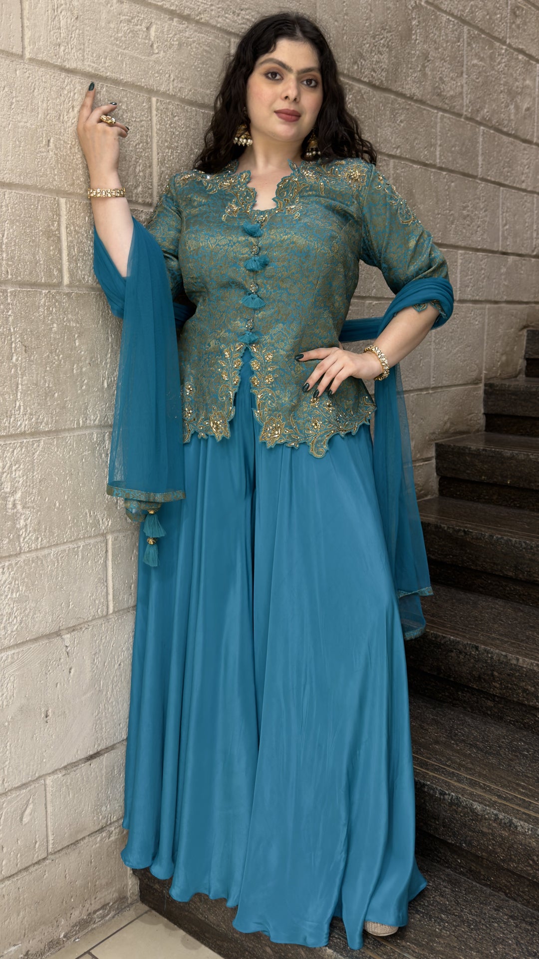 Teal Blue Embroidered Peplum Kurta with Palazzo & Dupatta Set