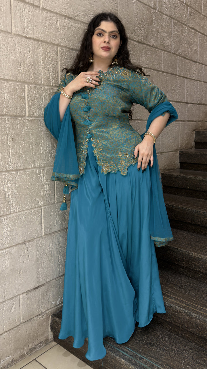 Teal Blue Embroidered Peplum Kurta with Palazzo & Dupatta Set