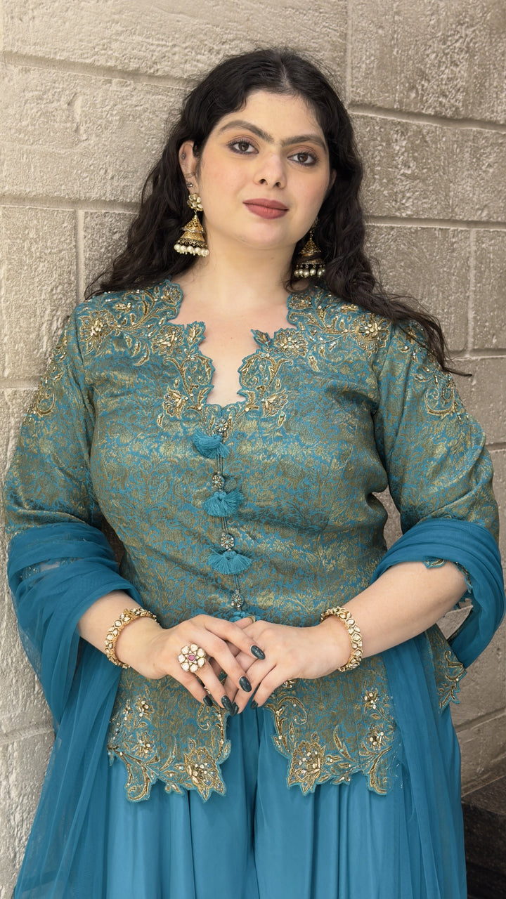 Teal Blue Embroidered Peplum Kurta with Palazzo & Dupatta Set