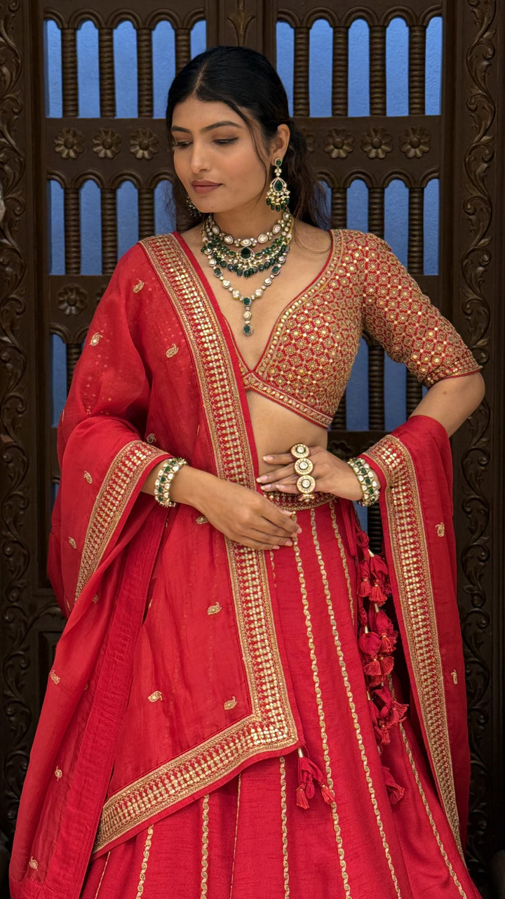 Traditional Heavy Embroidered Bridal Lehenga Set with 2 Blouses & Dupatta