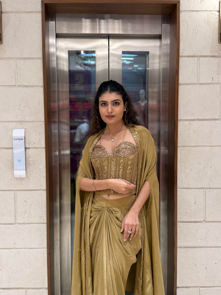 Champagne Gold Draped Saree Set with Embroidered Corset Blouse & Cape