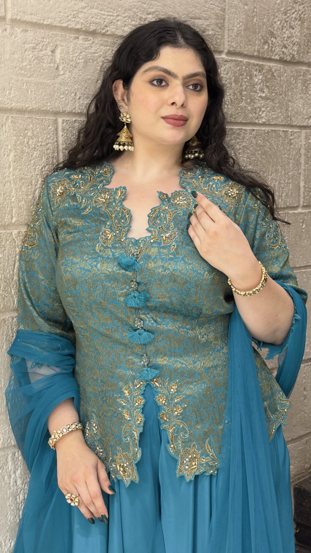 Teal Blue Embroidered Peplum Kurta with Palazzo & Dupatta Set