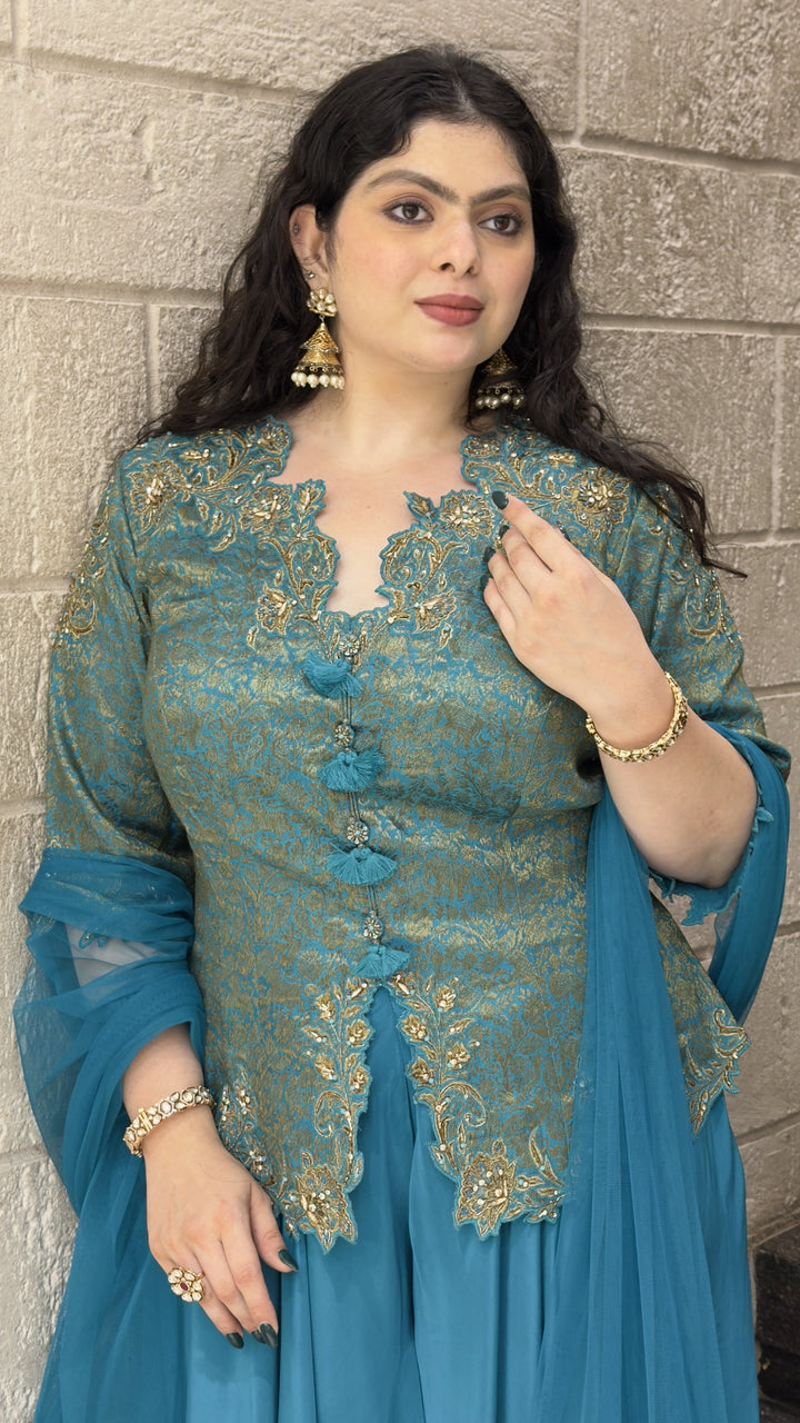 Teal Blue Embroidered Peplum Kurta with Palazzo & Dupatta Set