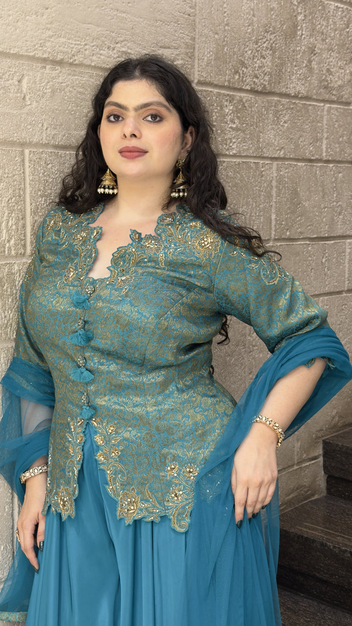 Teal Blue Embroidered Peplum Kurta with Palazzo & Dupatta Set