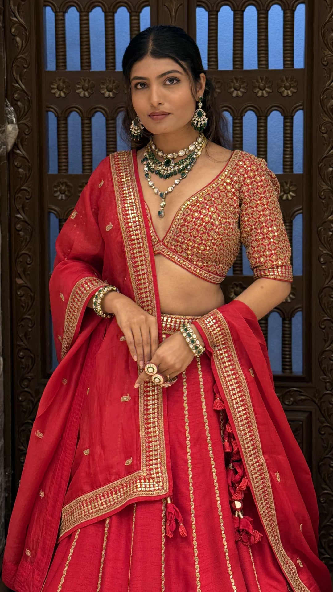 Traditional Heavy Embroidered Bridal Lehenga Set with 2 Blouses & Dupatta