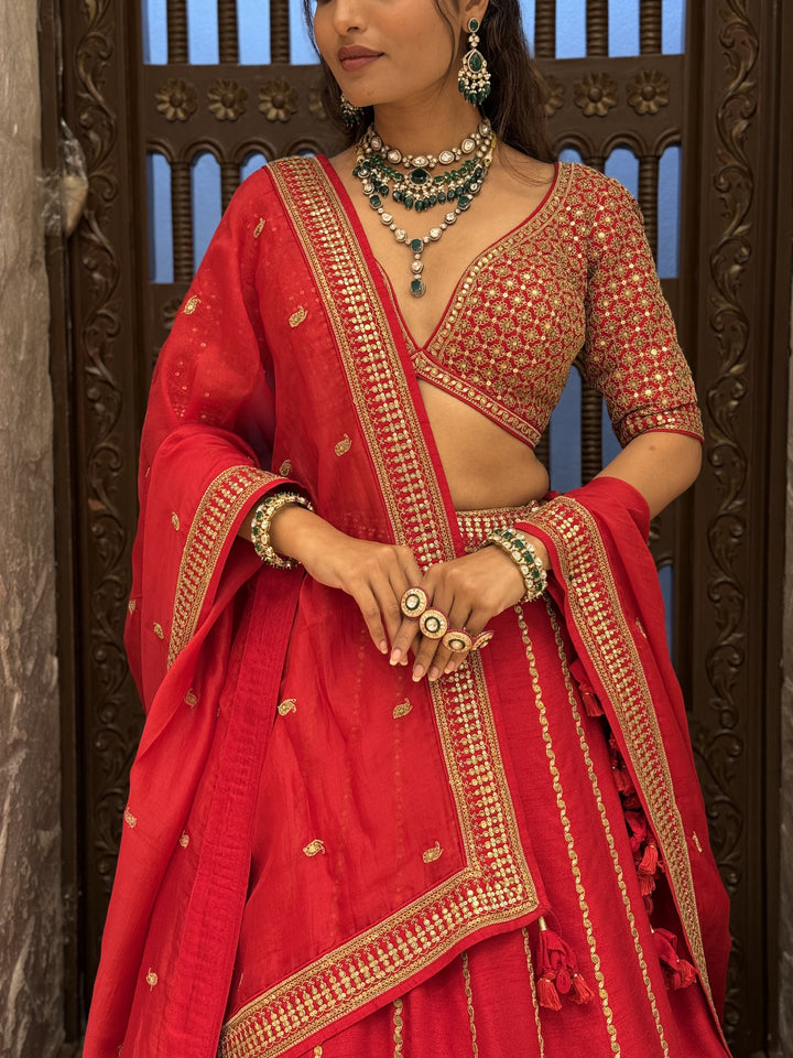Traditional Heavy Embroidered Bridal Lehenga Set with 2 Blouses & Dupatta