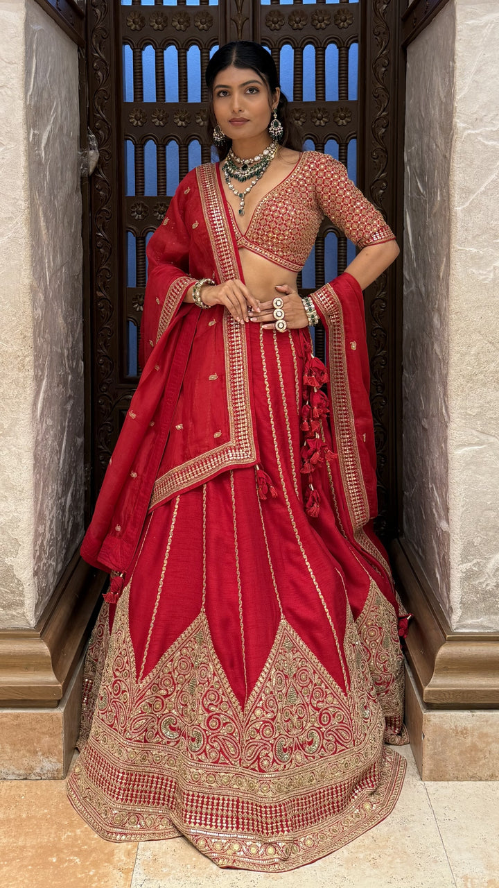 Traditional Heavy Embroidered Bridal Lehenga Set with 2 Blouses & Dupatta
