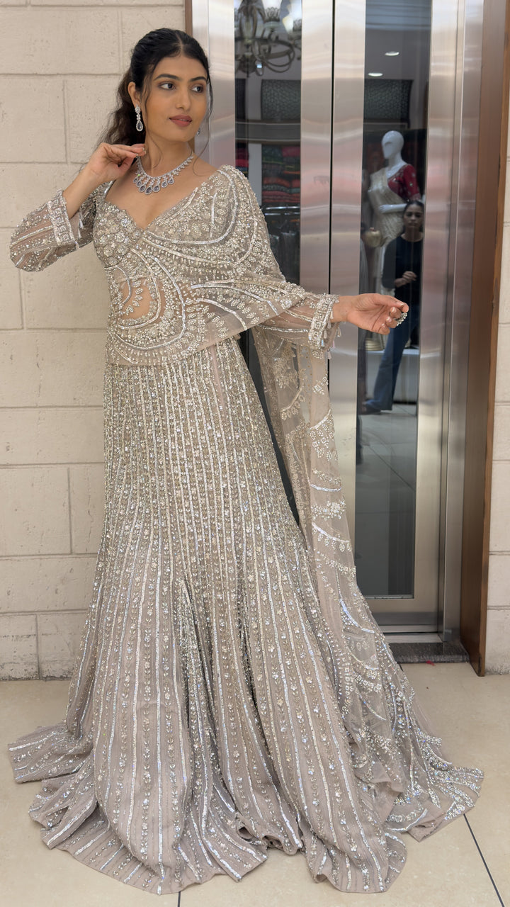 Champagne Beige Heavily Embellished Designer Lehenga with Cutwork Blouse & Net Dupatta