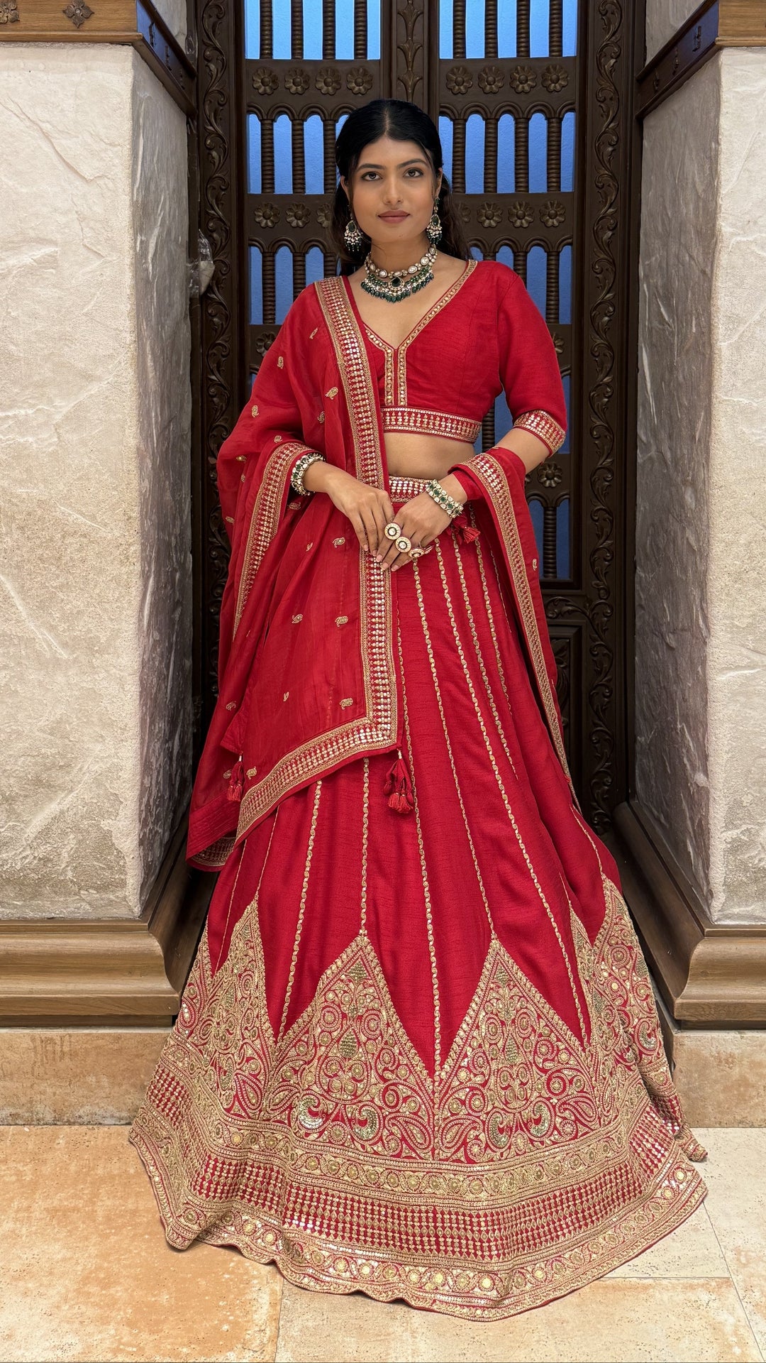 Traditional Heavy Embroidered Bridal Lehenga Set with 2 Blouses & Dupatta