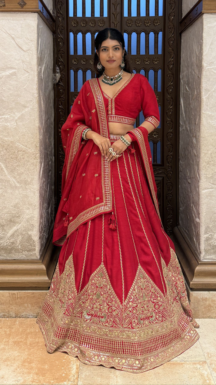 Traditional Heavy Embroidered Bridal Lehenga Set with 2 Blouses & Dupatta