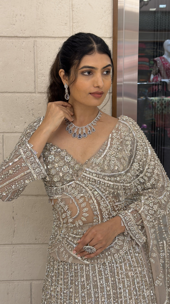 Champagne Beige Heavily Embellished Designer Lehenga with Cutwork Blouse & Net Dupatta