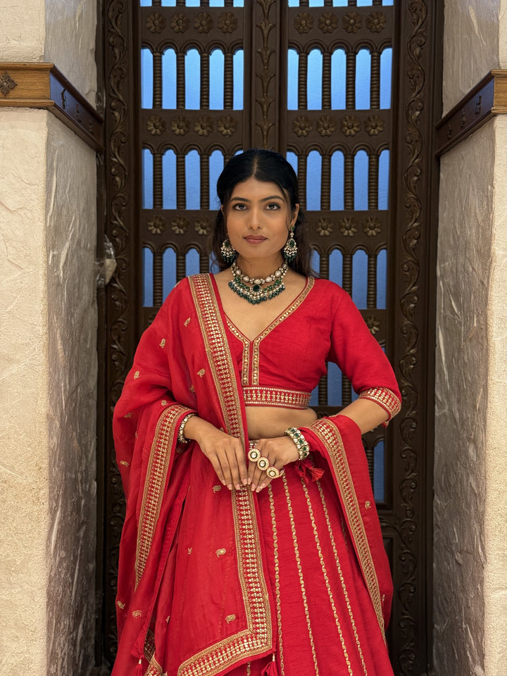 Traditional Heavy Embroidered Bridal Lehenga Set with 2 Blouses & Dupatta