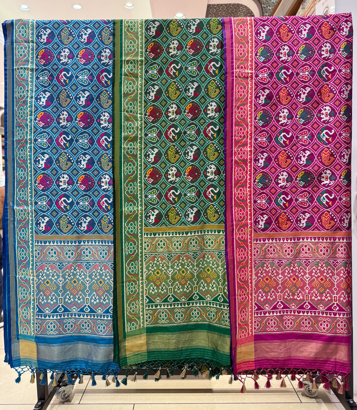 Royal Kunjar Bhat Patola Saree – Chowkdi Layout Inspired Double Ikat Weaving