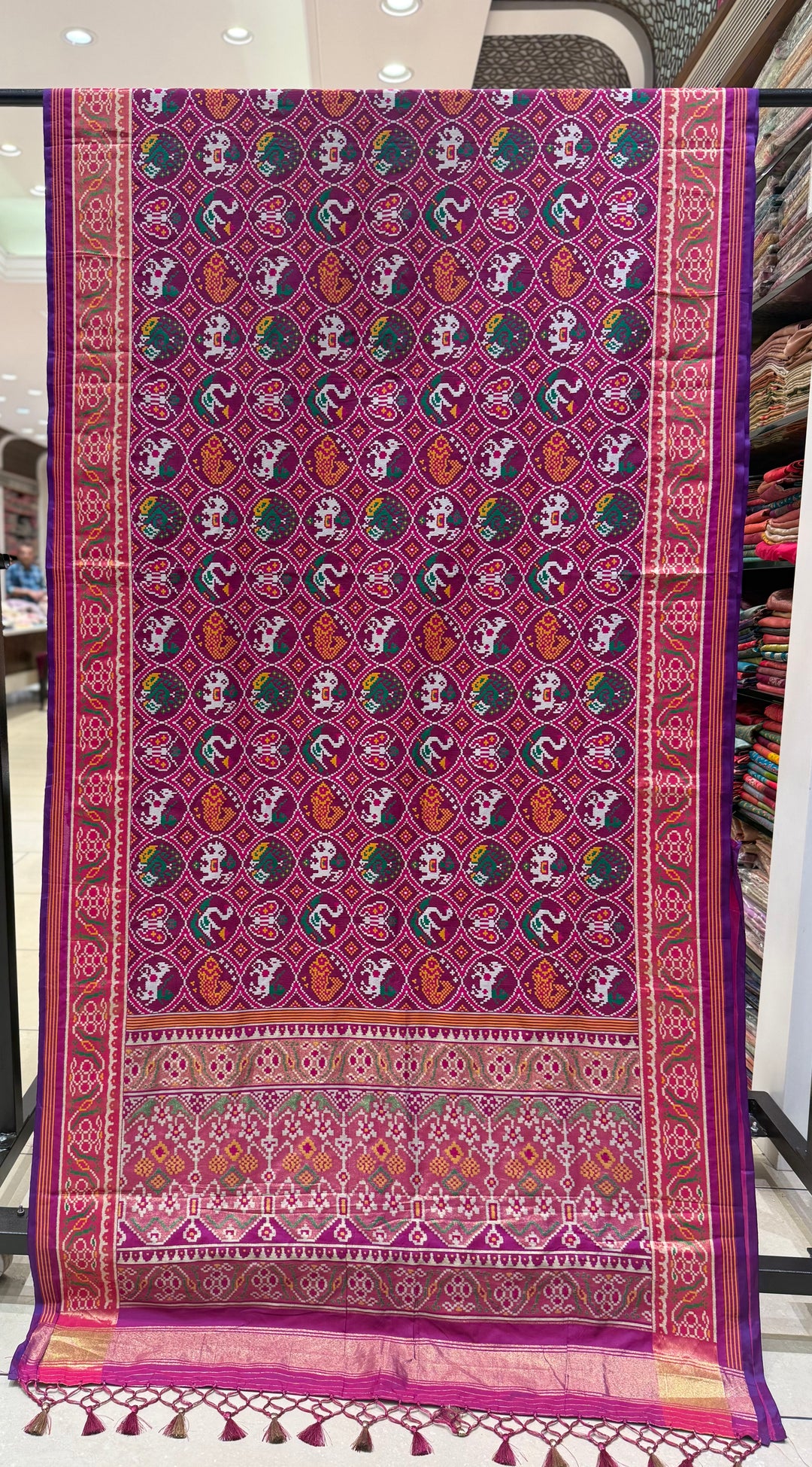 Royal Kunjar Bhat Patola Saree – Chowkdi Layout Inspired Double Ikat Weaving