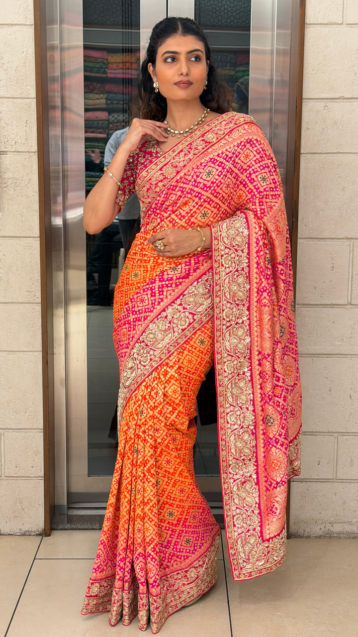 Orange Pink Bandhani Silk Saree with Heavy Zari Border