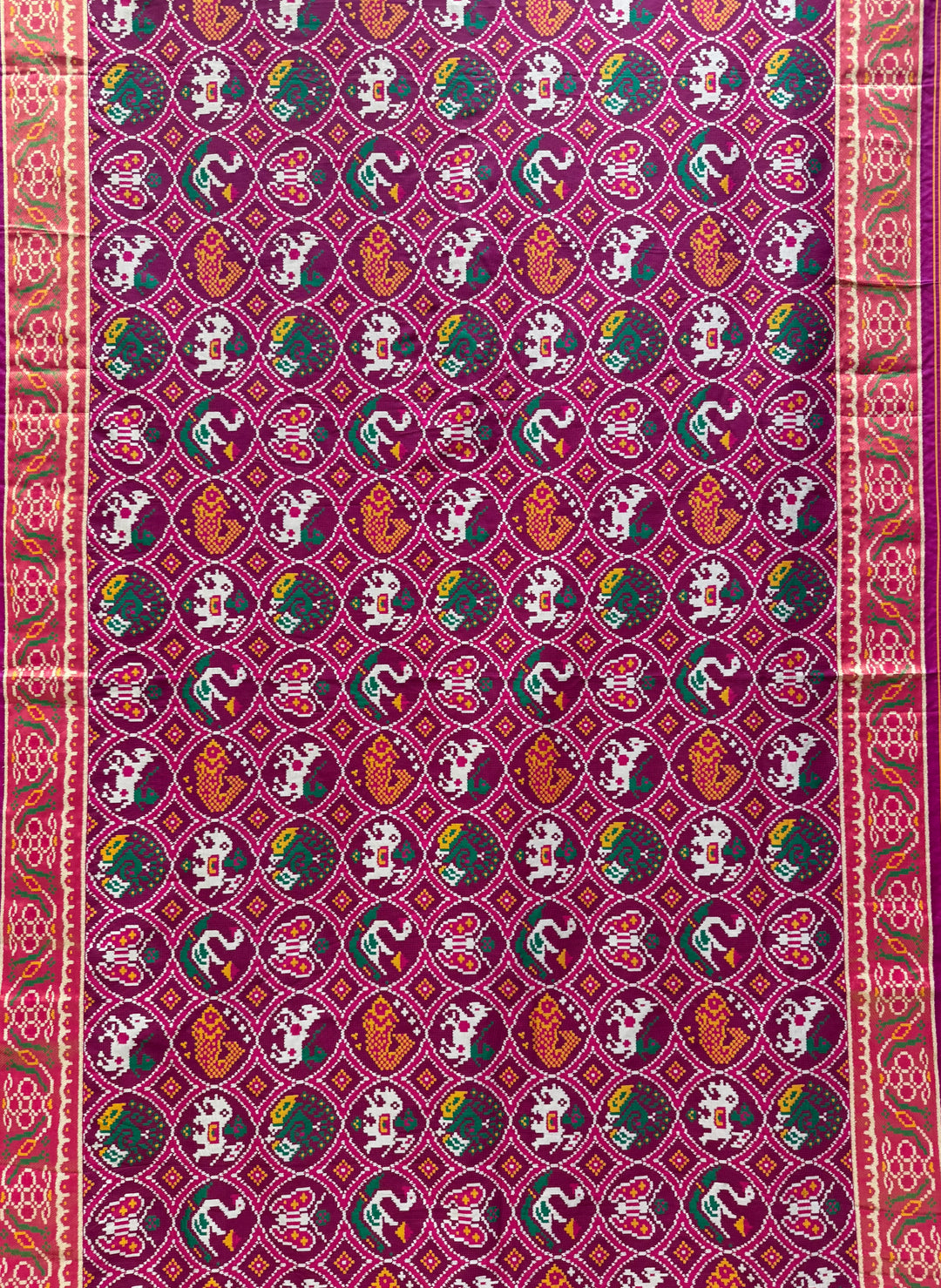 Royal Kunjar Bhat Patola Saree – Chowkdi Layout Inspired Double Ikat Weaving