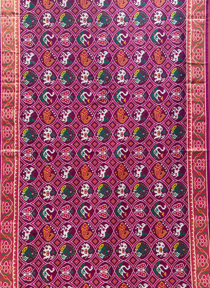 Royal Kunjar Bhat Patola Saree – Chowkdi Layout Inspired Double Ikat Weaving