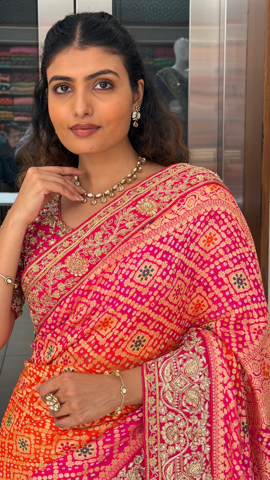 Orange Pink Bandhani Silk Saree with Heavy Zari Border