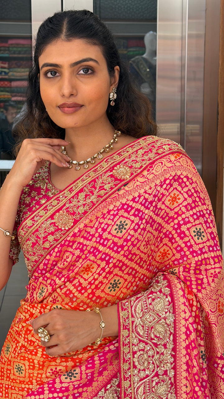 Orange Pink Bandhani Silk Saree with Heavy Zari Border