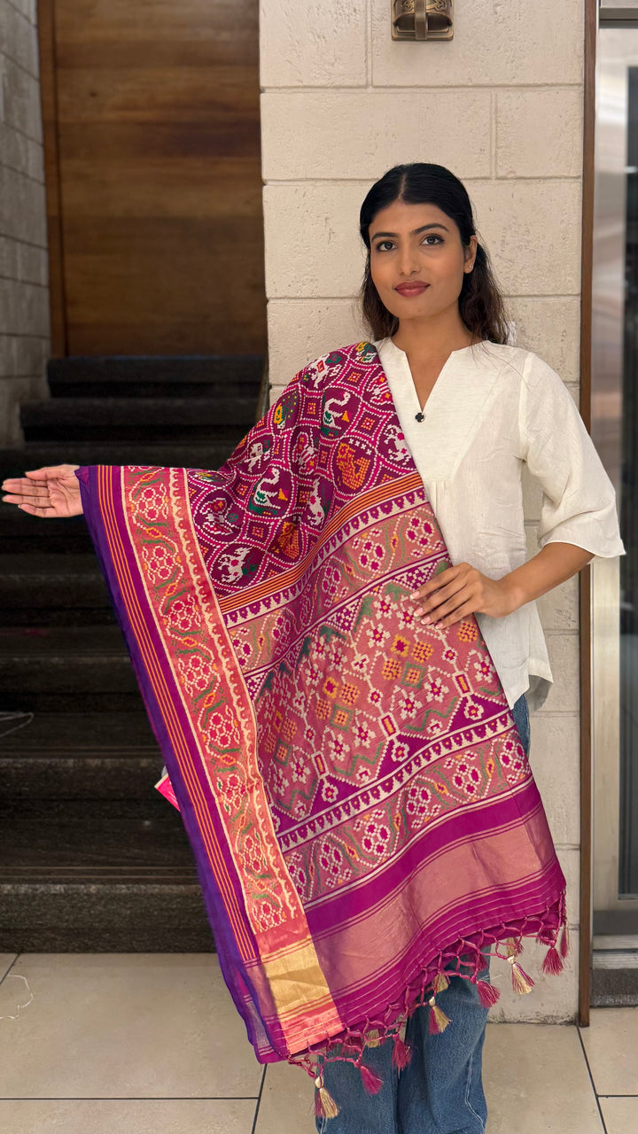 Royal Kunjar Bhat Patola Saree – Chowkdi Layout Inspired Double Ikat Weaving