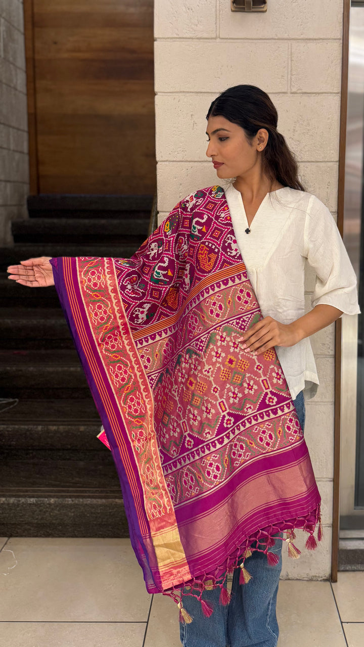 Royal Kunjar Bhat Patola Saree – Chowkdi Layout Inspired Double Ikat Weaving